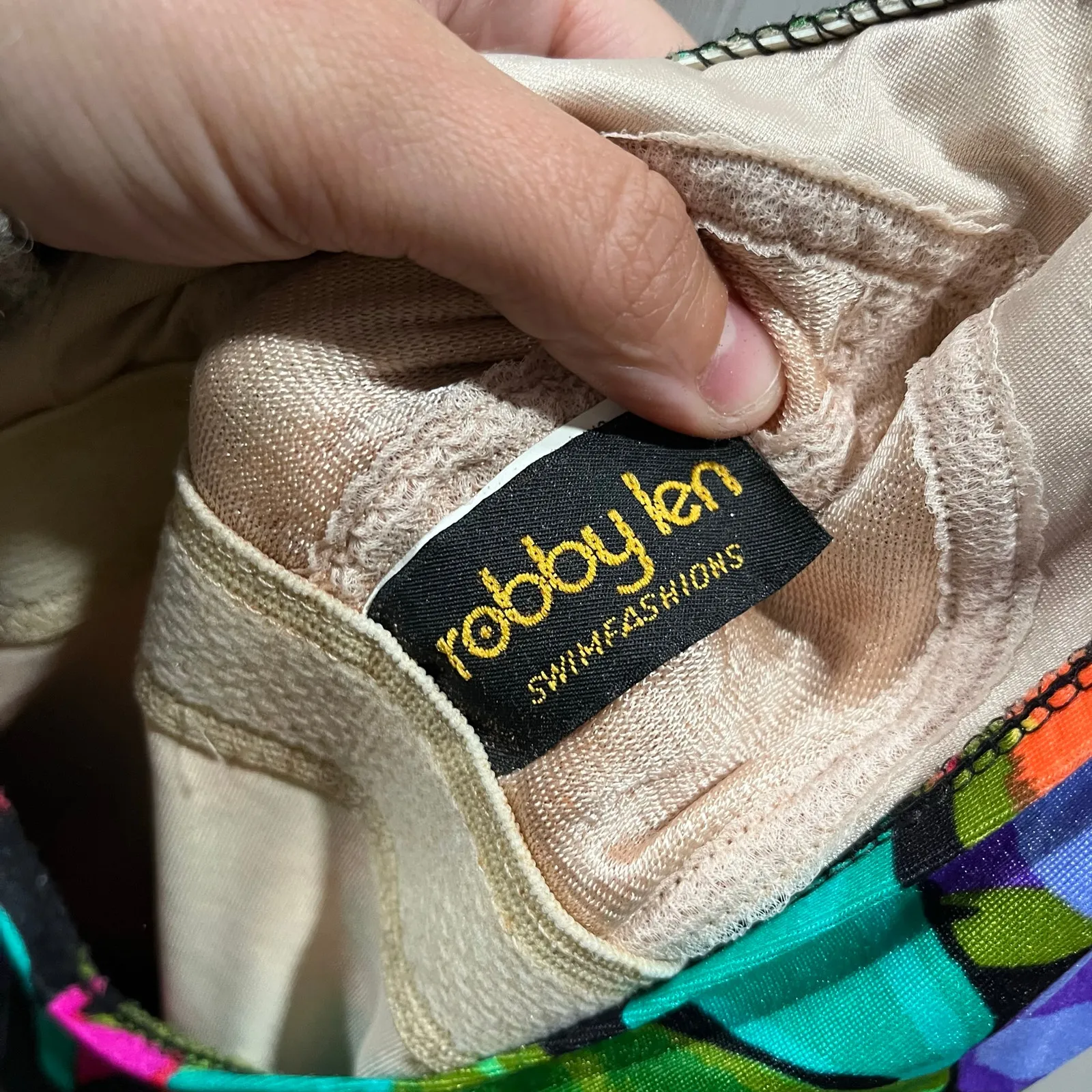 Vintage Robby Len 90s 80s Floral Neon One Piece Skirted Swim Suit Size Small Black - Image 6