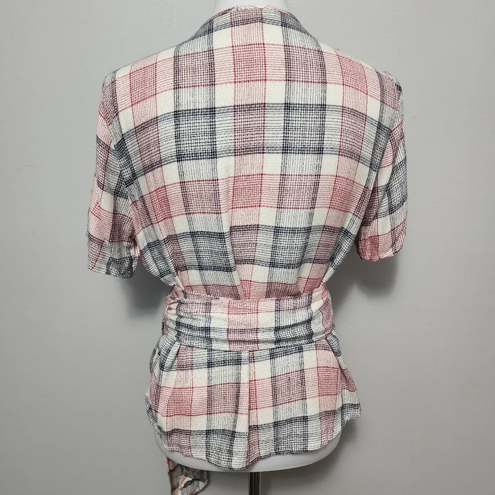 Stitch Fix Pink Clover Black & Red Plaid Knot Side Wrap Blouse Size Medium - Image 5