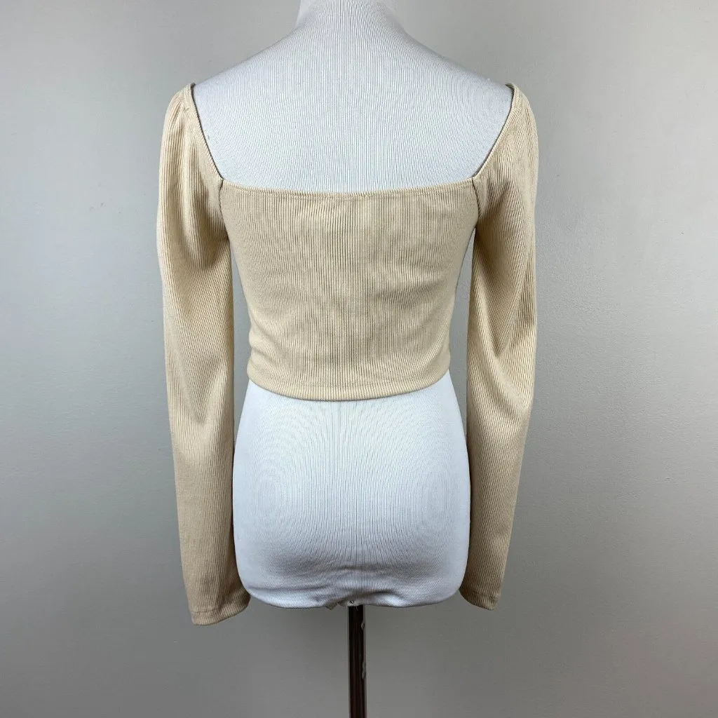 Princess Polly Crop Top 6‎ Beige Ribbed Knit Sweetheart Ruched Long Sleeve - Image 5