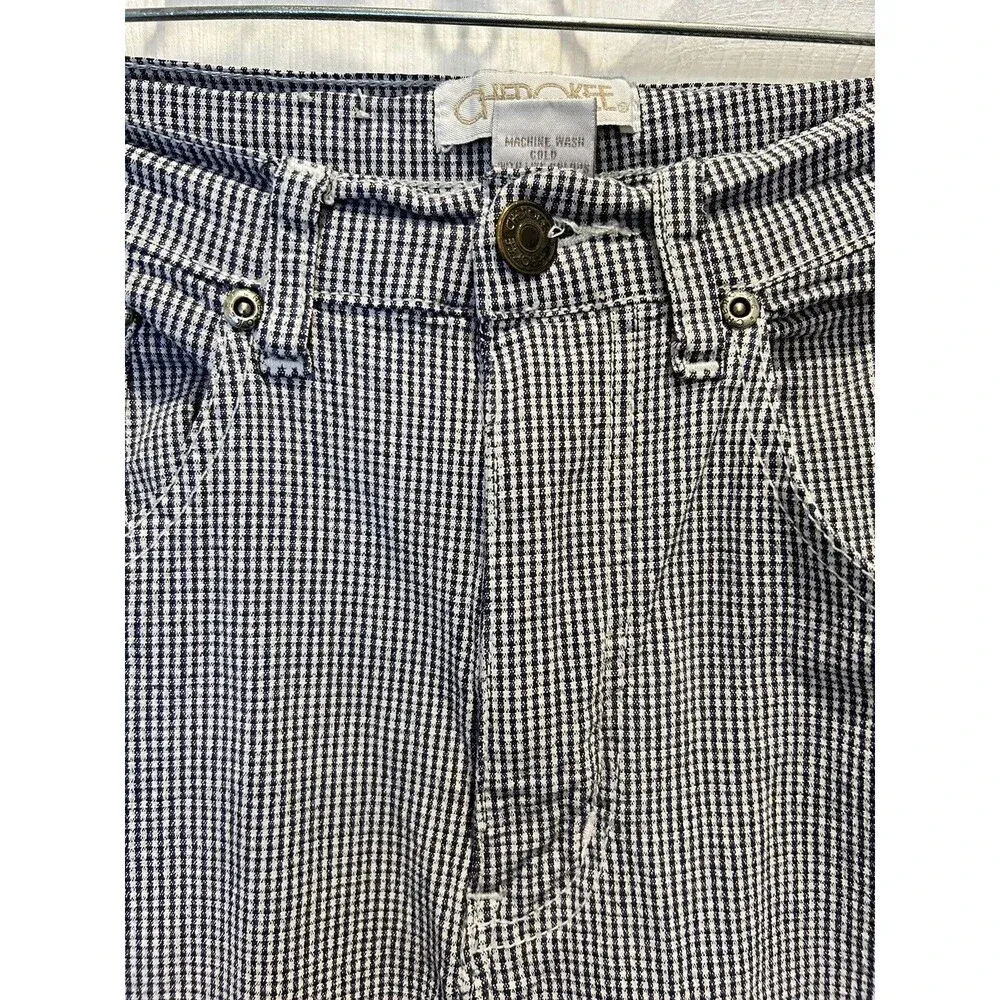 Cherokee Vintage 90s Gingham‎ Tapered High Waist Pants Stretch Navy Blue Sz 6P - Image 5