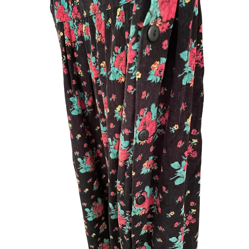 Karen Scott 90s Dark Floral Print Corduroy Pinafore Midi Dress S/M - Image 5