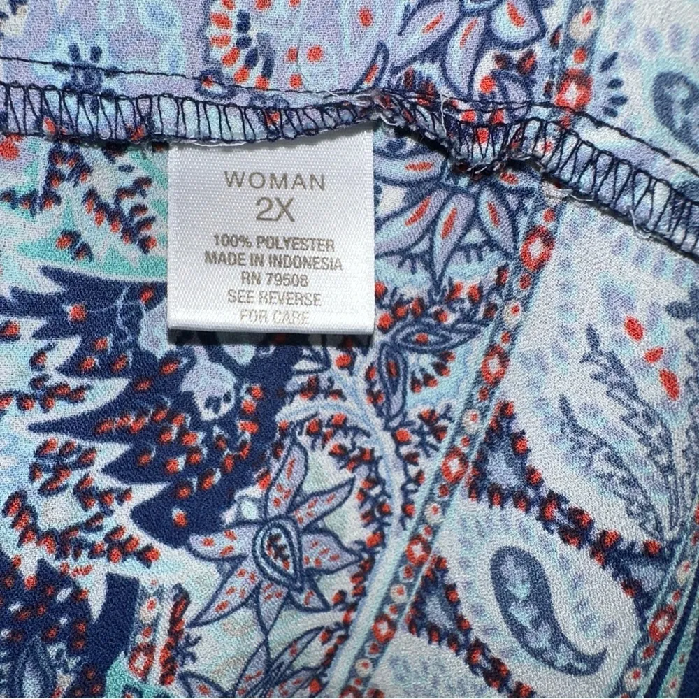 Roz & Ali Top Womens 2X Blue Multicolor Floral Paisley Print Button Up Blouse - Image 6