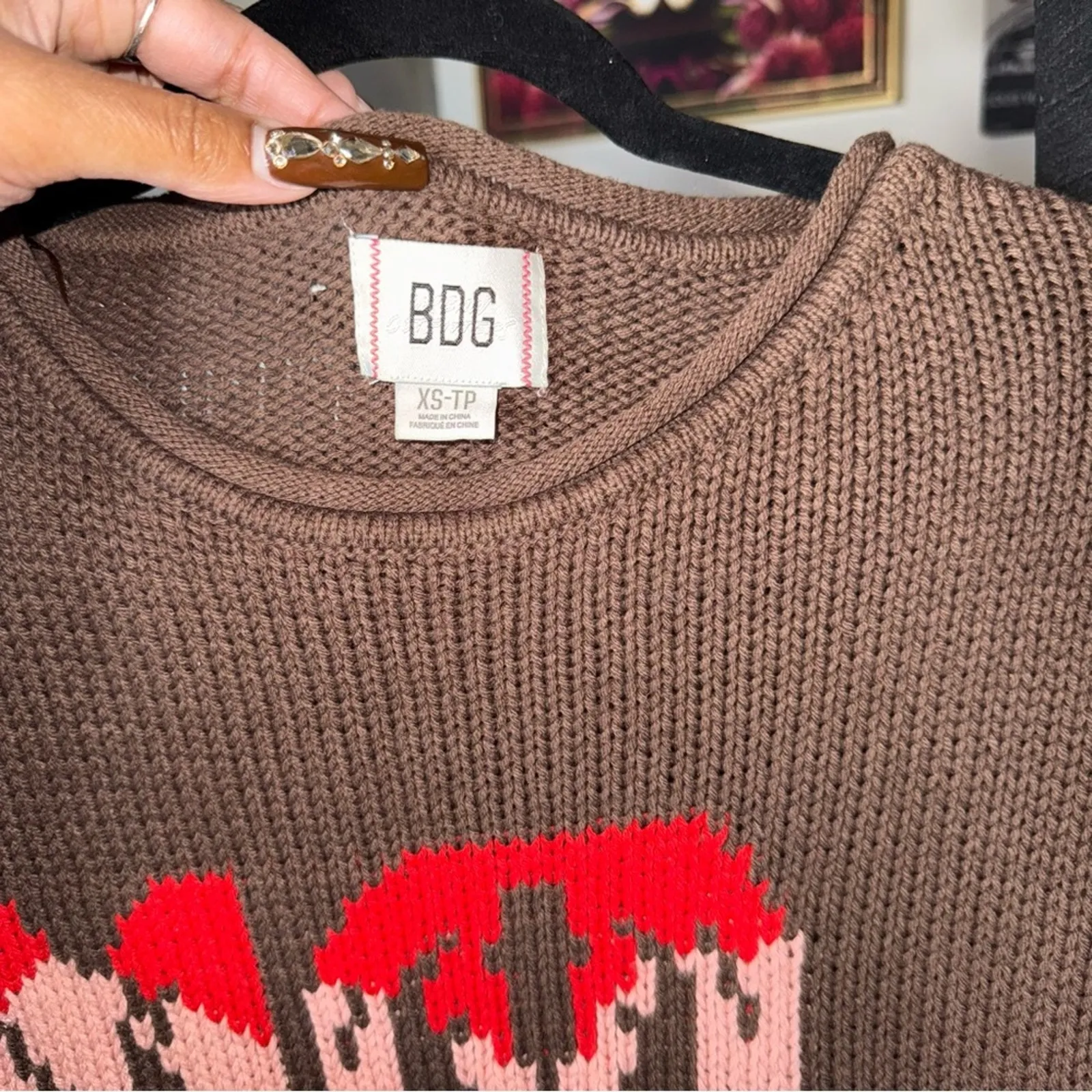 BDG Stella Cowboy Boot Graphic Distressed Oversized Pullover Sweater Brown Boots - Image 6