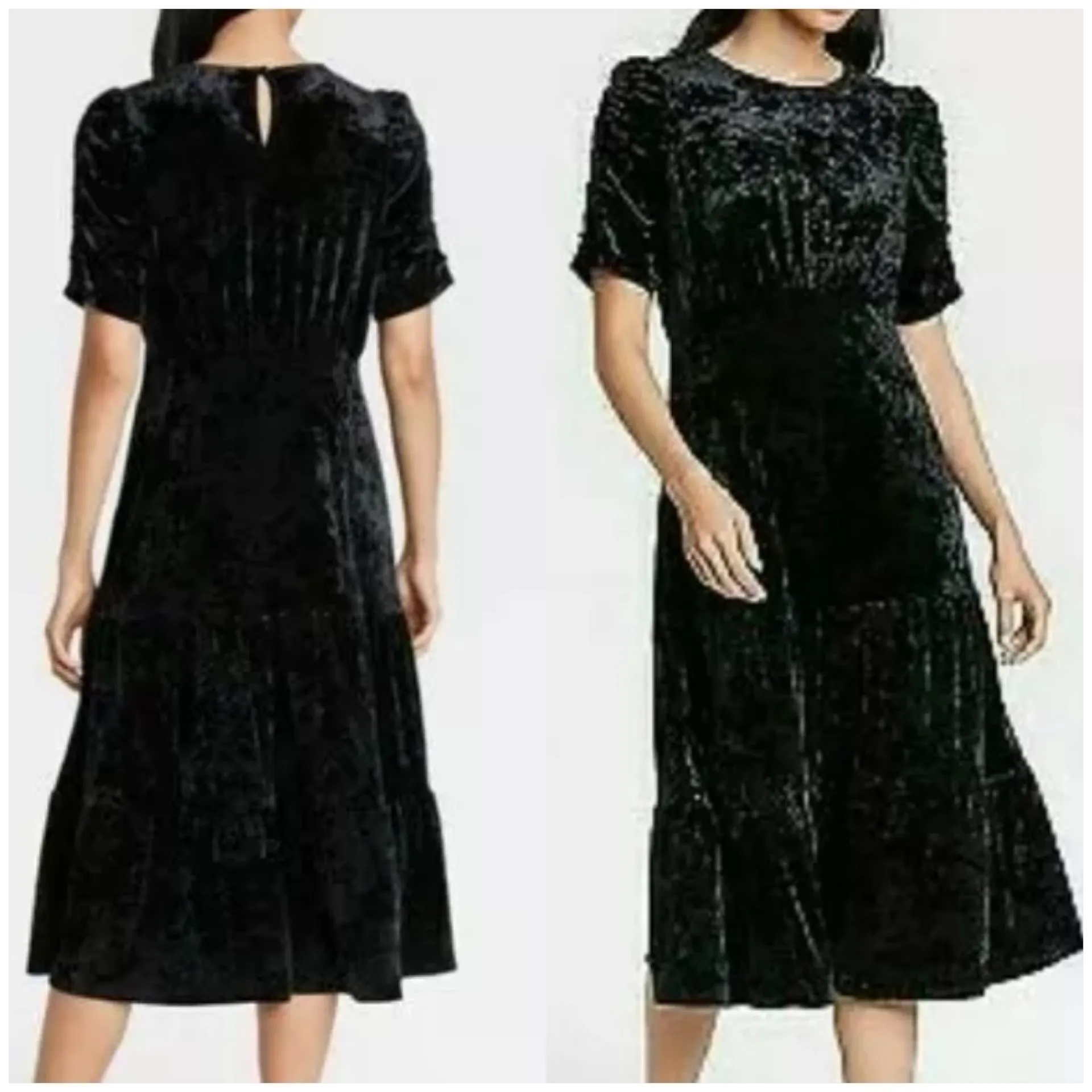 Who What Wear Tiered Short Sleeve Crushed Velvet MIDI Dress Black Size XS - Image 2