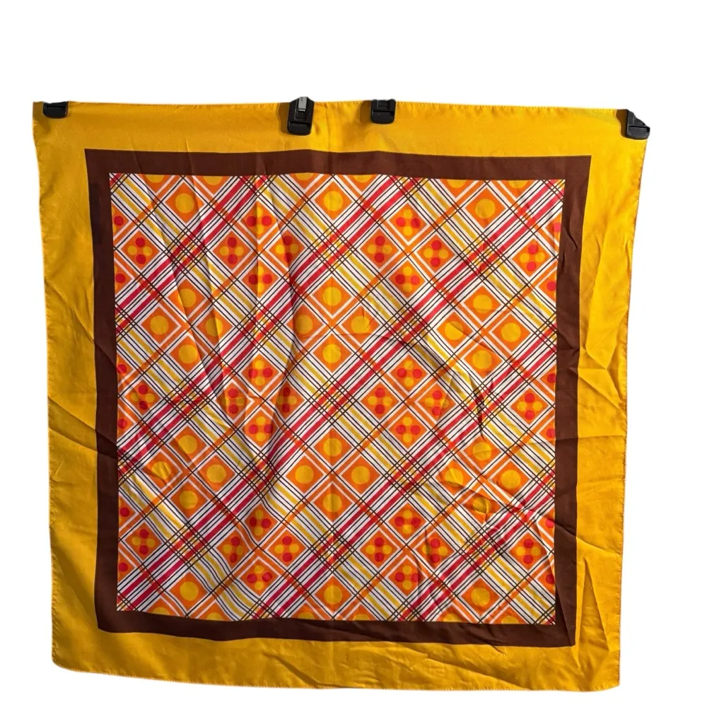 Vintage 1970s Yellow Orange and Brown Geometric Plaid Polyester Scarf 26” x 26” - Image 4