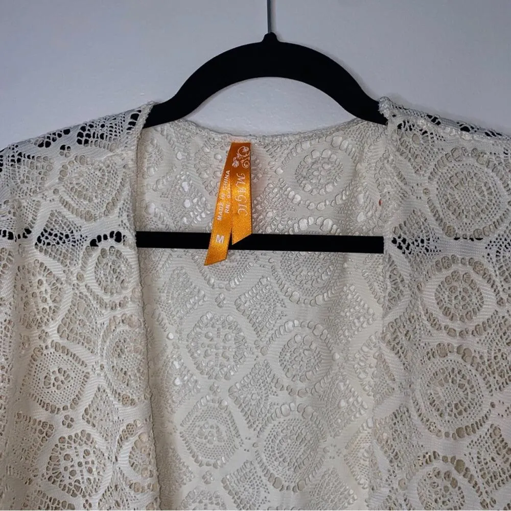 Coastal Cowgirl Bohemian Cream Lace Fringe Sleeves Open Cardigan Kimono Shrug M - Image 2
