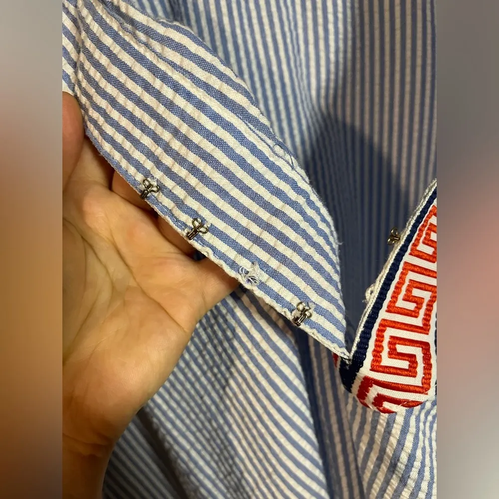 Macbeth Collection by Margaret Josephs Greek Key Seersucker Striped Tunic Medium - Image 5