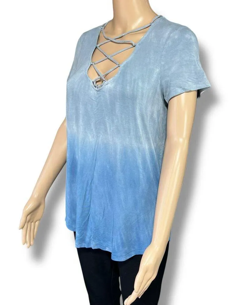 AEO Womens Soft and Sexy T Lace V Neck Bodice Hombre Blue Short Sleeve Long Med - Image 6