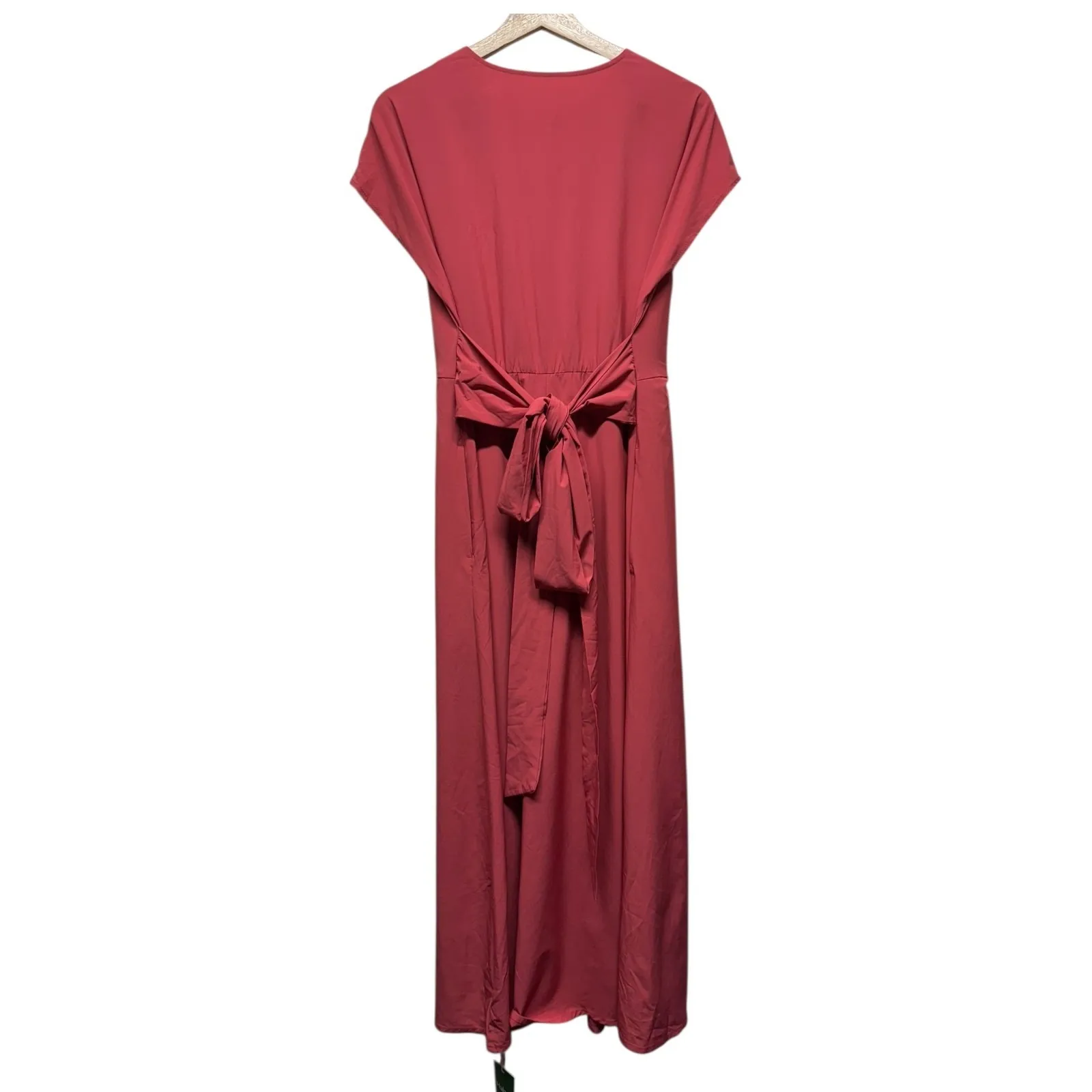 Halara‎ Breezeful V-Neck Short Sleeve Side Pocket Tie Back Midi Dress Sz L Red - Image 3