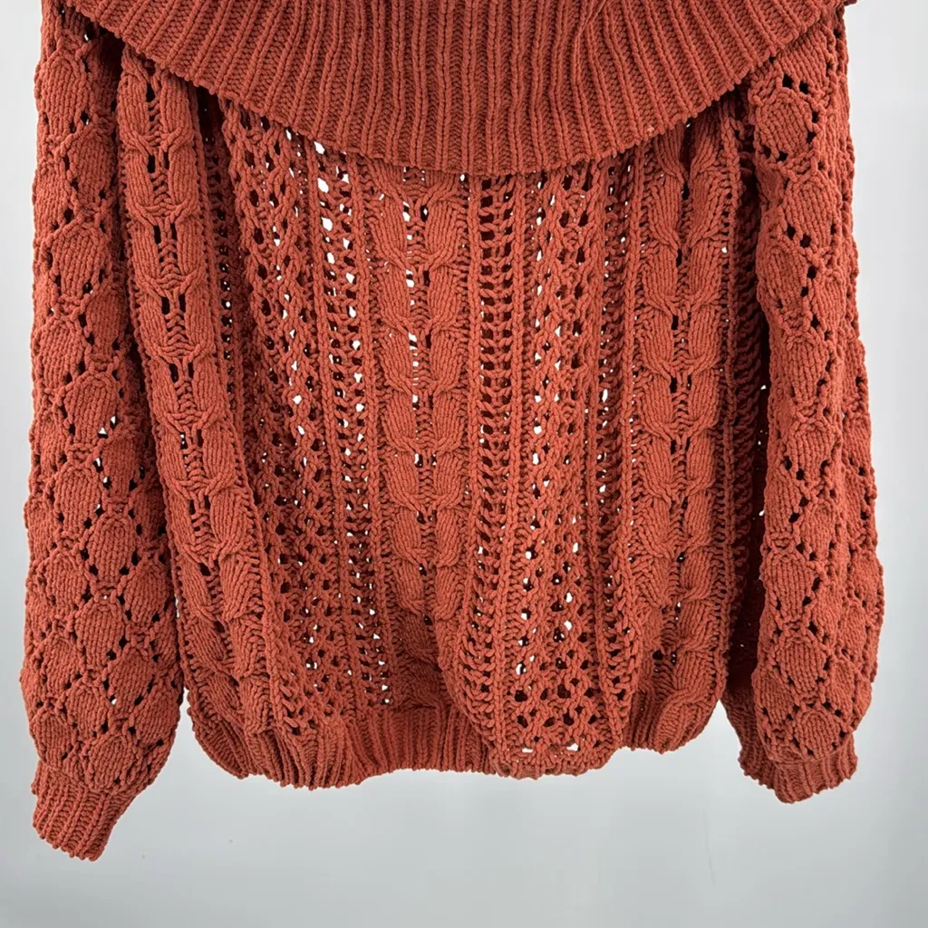 Umgee Rust Cowl Neck Sweater open knit fall casual neutral L chenille waist crop - Image 6