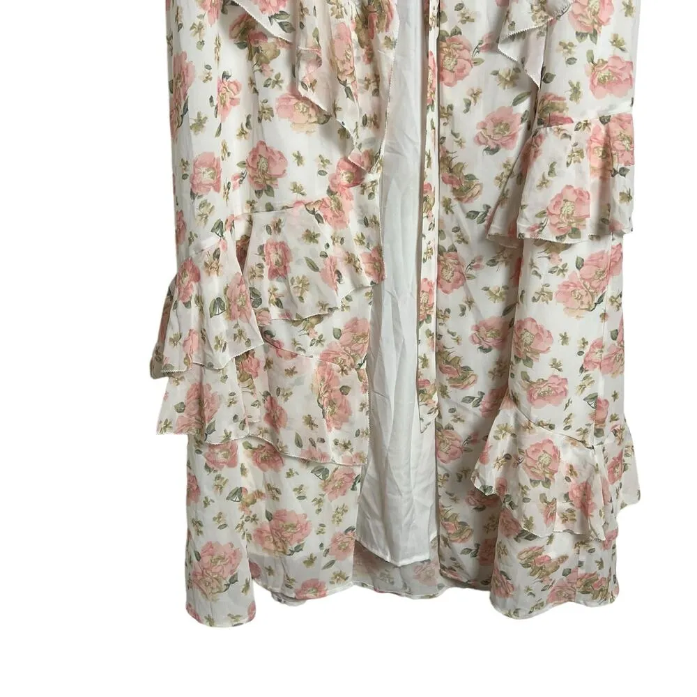 LPA White Floral Print Tiered Wrap Ruffled Sleeveless Maxi Dress Size M - Image 9