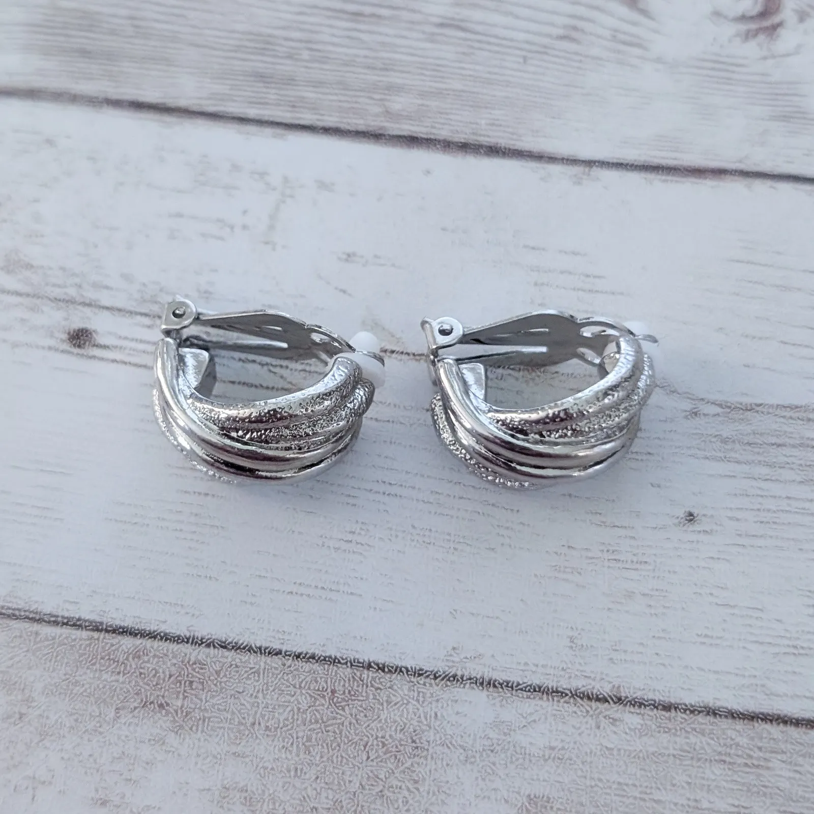 Vintage Clip On Earrings Stunning Chunky Silver Tone Large Statement - Image 7