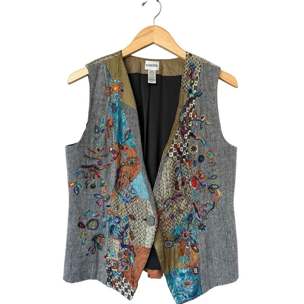 Vintage Chico’s Wool Blend Boho Patchwork Beaded Vest - Image 2