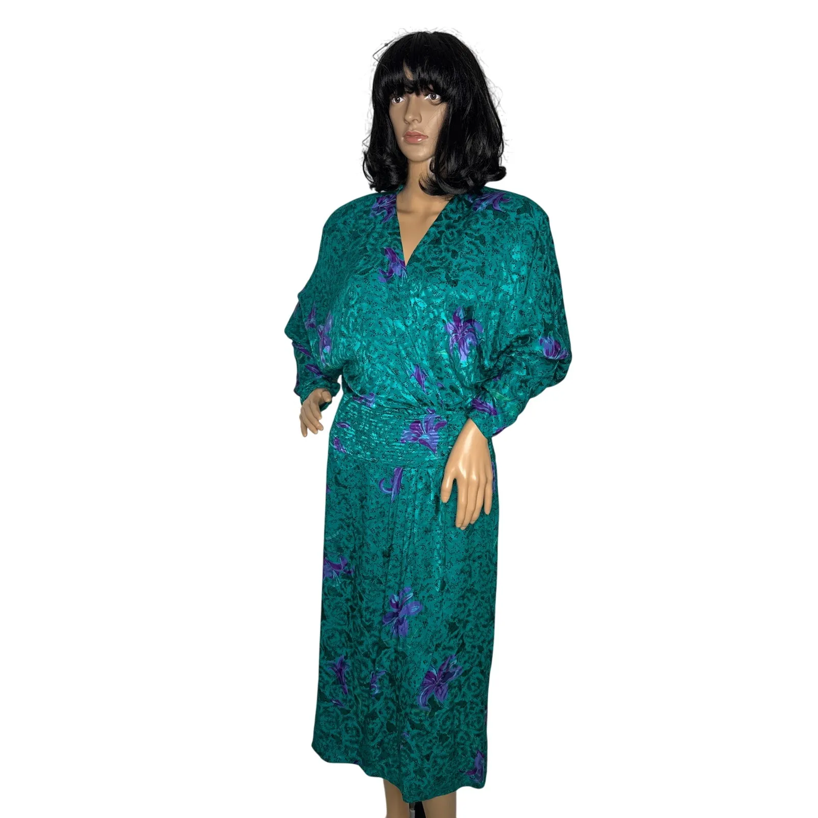 Vintage Maggy London by Jeannene Booher 80s Teal Silk Floral Midi Dress medium - Image 3