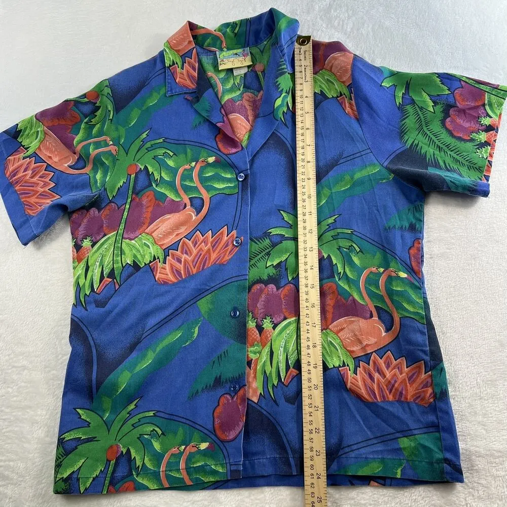 Vtg Sz 10 Florida Cheryl Tieg Shirt Blue Flamingo Palm Hawaiian 90s USA Resort - Image 8