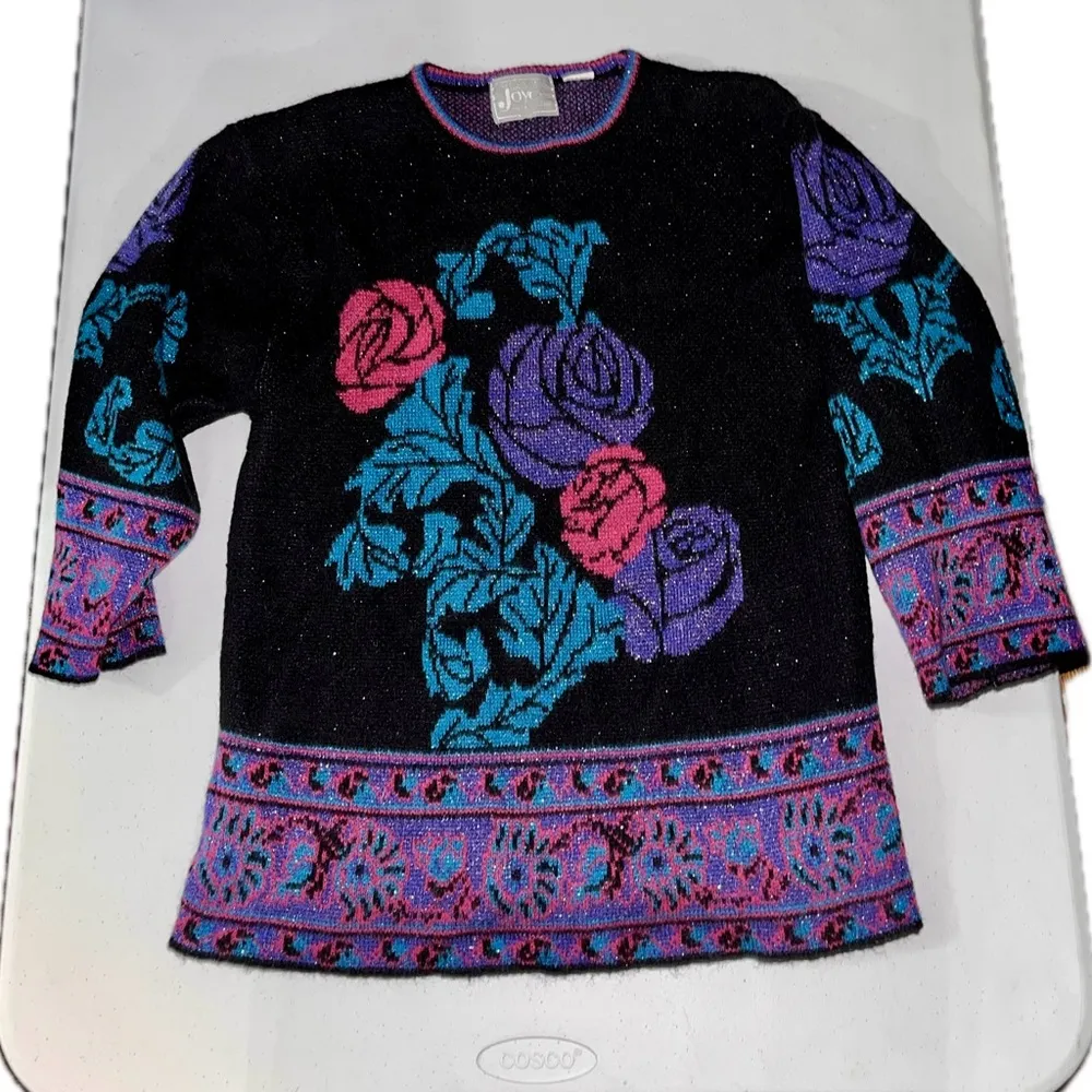Vintage Expressly for Joyce Metallic Shimmery Floral Acrylic Sweater Multiple Size XL - Image 2