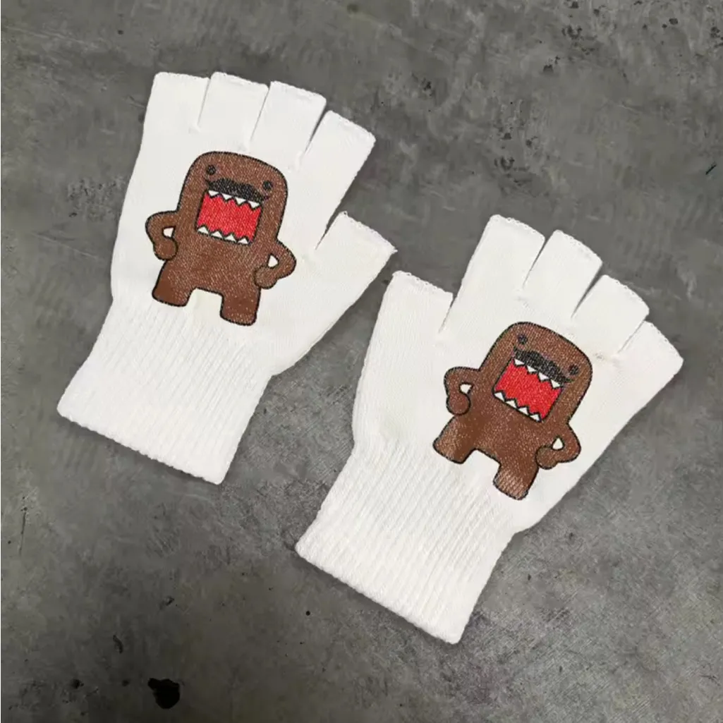 White Fingerless Gloves with Brown Character - Image 2