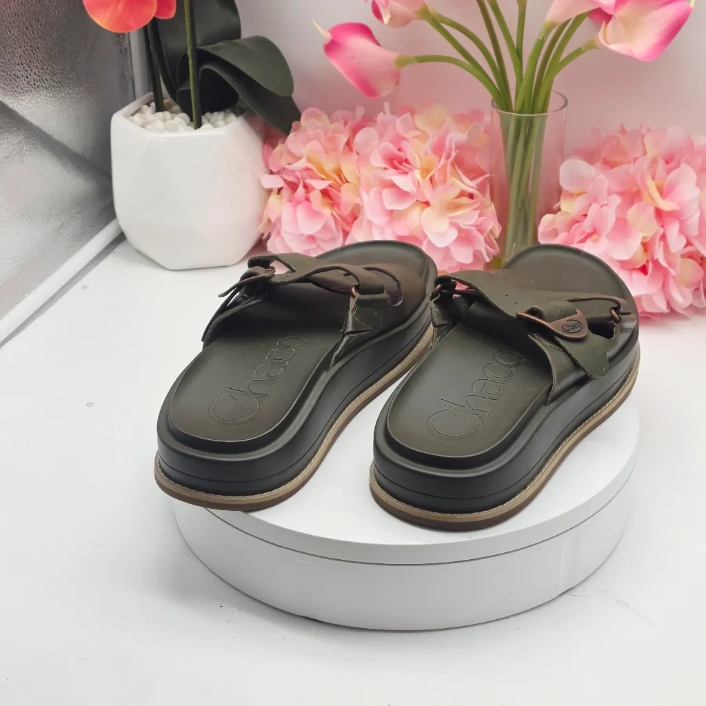 Chaco Townes Slide Midform Leather Platform Sandals In Green Olive Night Size 10 - Image 7