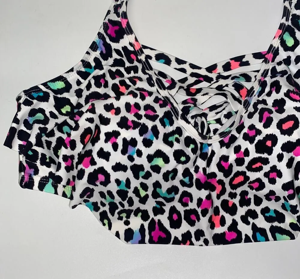 California Waves White Multicolor Leopard Flounce Ruffle Bikini Top 2X 20/22 - Image 5