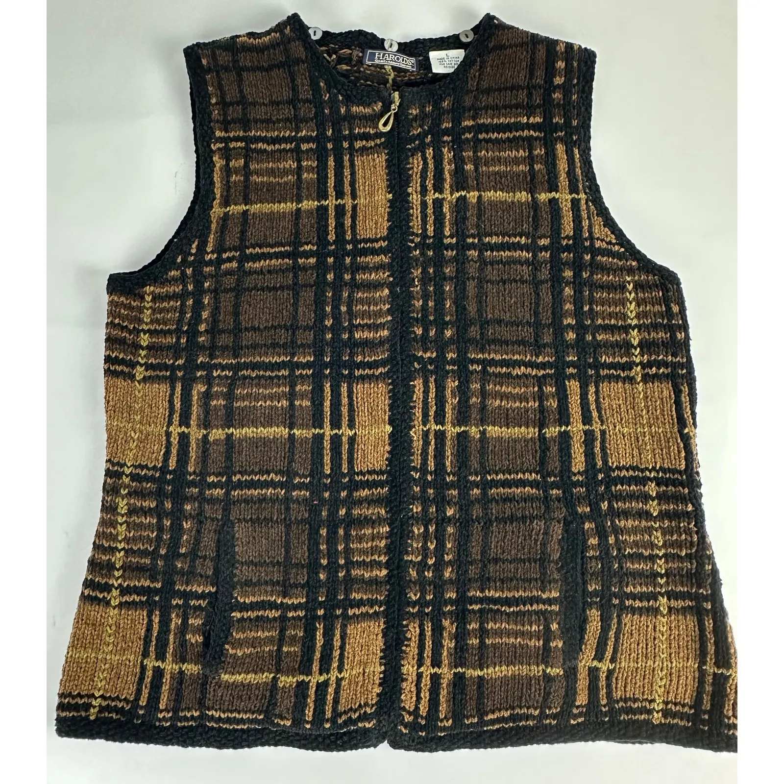 Vintage Harold's Size Large Woven Knit Vest Black Brown Full Zip Retro Hipster - Image 2