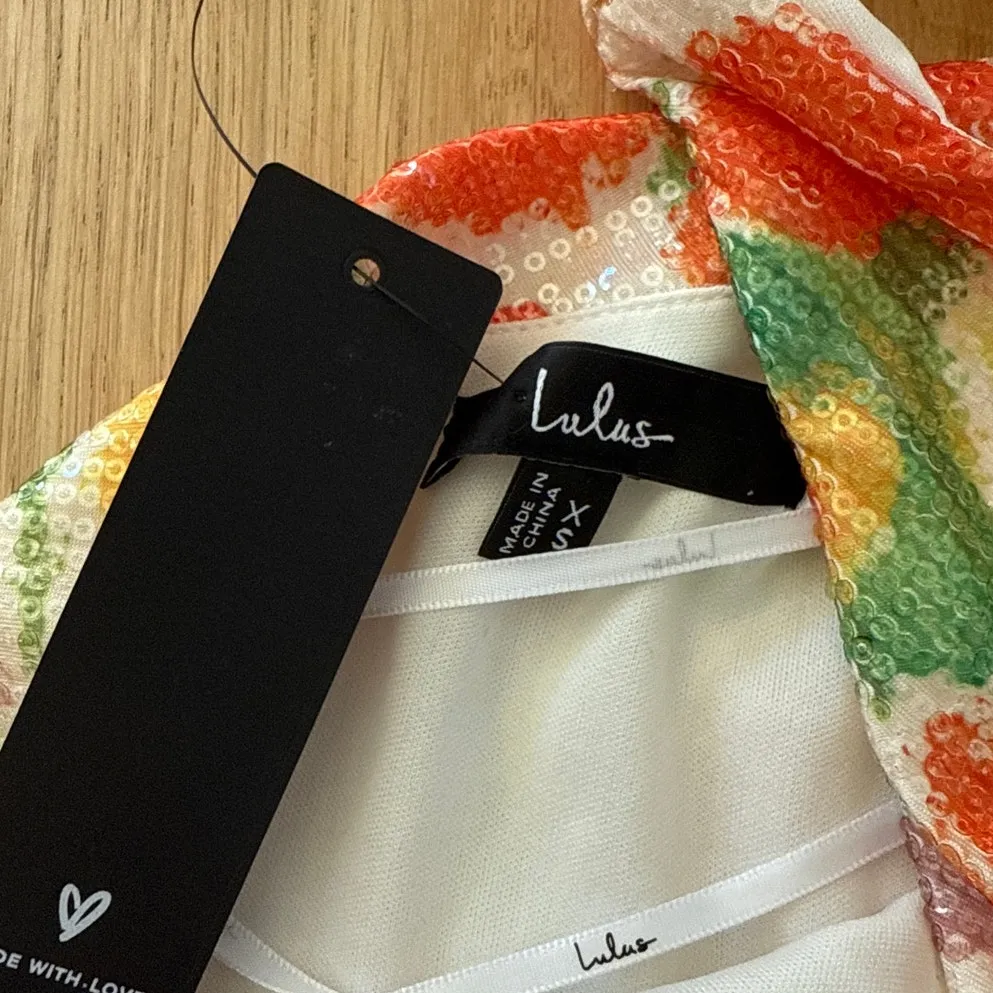 Lulu's Mini Dress One Shoulder Sequins Floral Carissa White Orange Green - Image 3