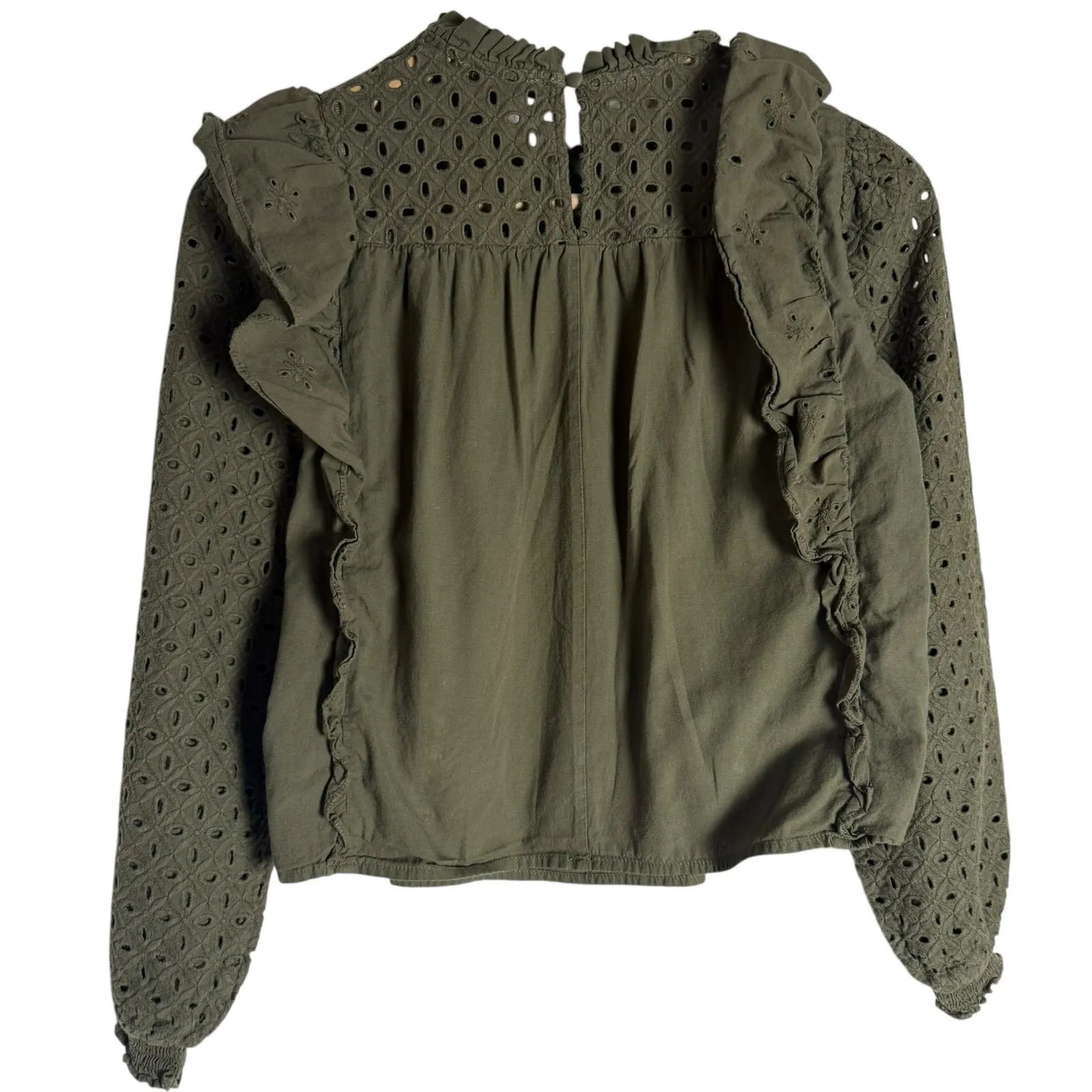 Maje Linode Olive Green Ruffled Eyelet Long Sleeve Top Size Small - Image 11