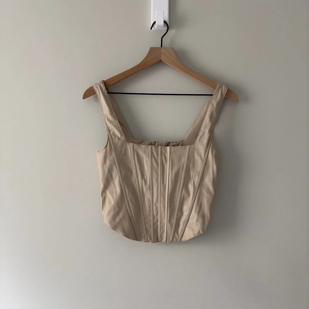 7 For All Mankind Faux Leather Corsette Style Cropped Tank Top Beige Sleeveless - Image 9