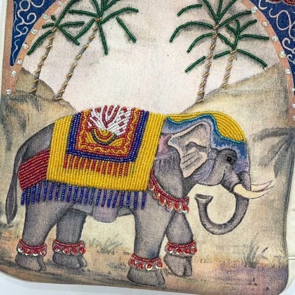 Vintage Ornate Retro Beaded Embroidered Elephant Purse Bag Tote with Wooden Bamb - Image 2
