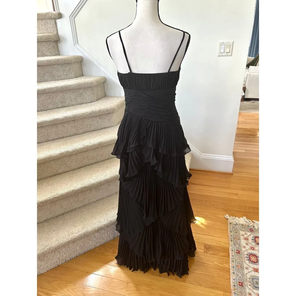 Dalia MacPhee Black Sweetheart Ruched Tiered Ruffle Sleeveless Maxi Gown Size 6 - Image 3