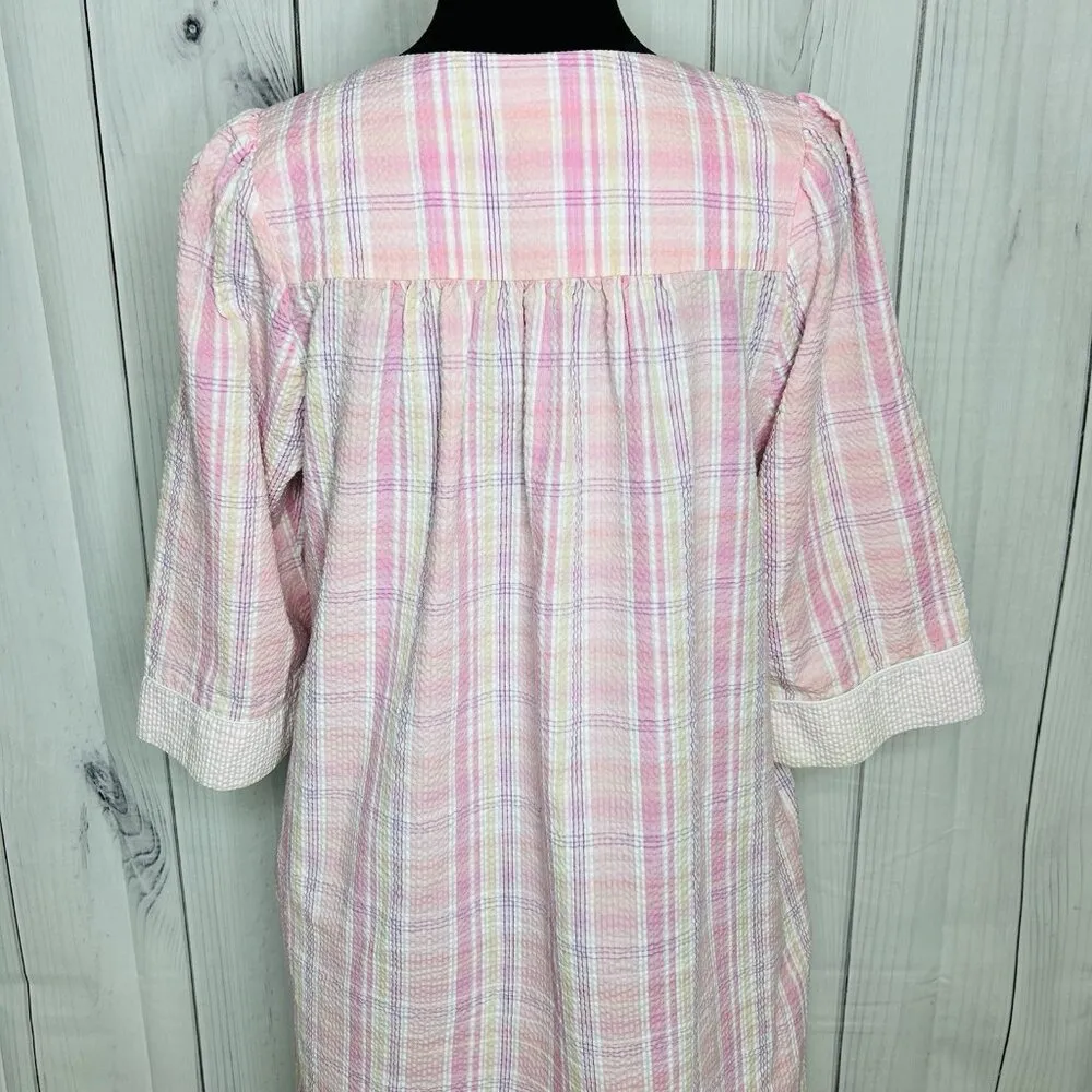Miss Elaine Sz M Seersucker House Coat Robe Nightgown House Dress Full Zip Pink Size M - Image 13