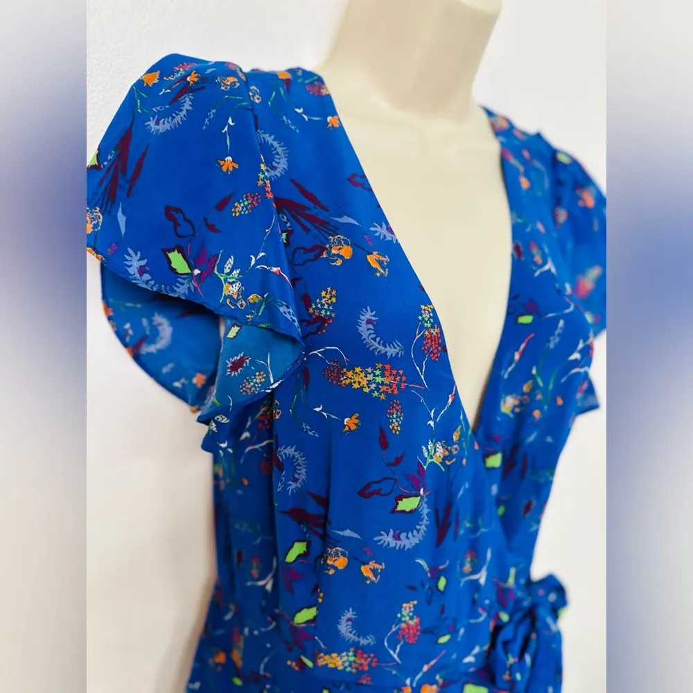 Tanya Taylor Womens  Madelina  Silk Wrap Dress Size 8 Blue Floral Print Ruffles - Image 6