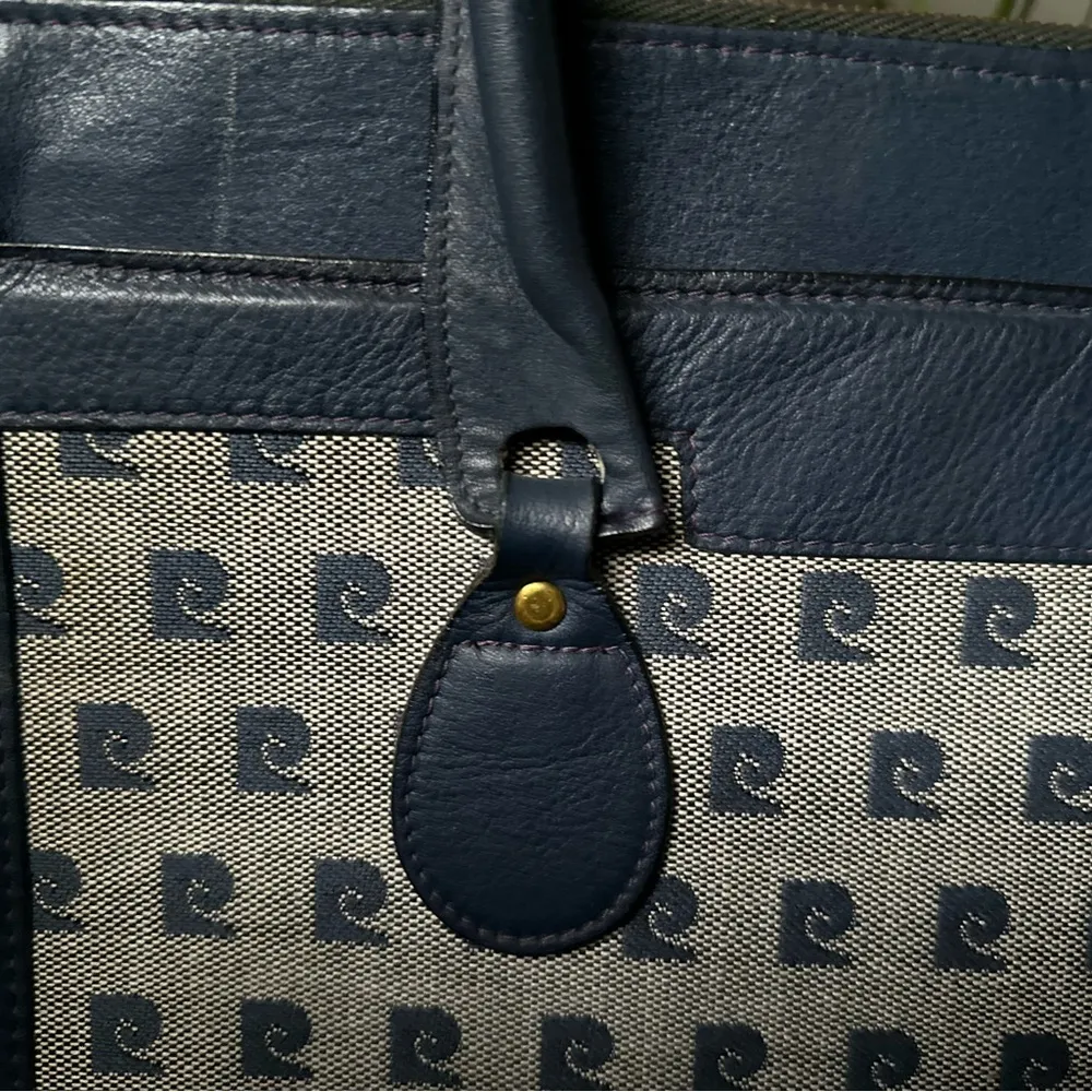 Pierre Cardin Vintage Blue Navy Cowhide and Canvas Monogram Tote Bag Case - Rare - Image 2