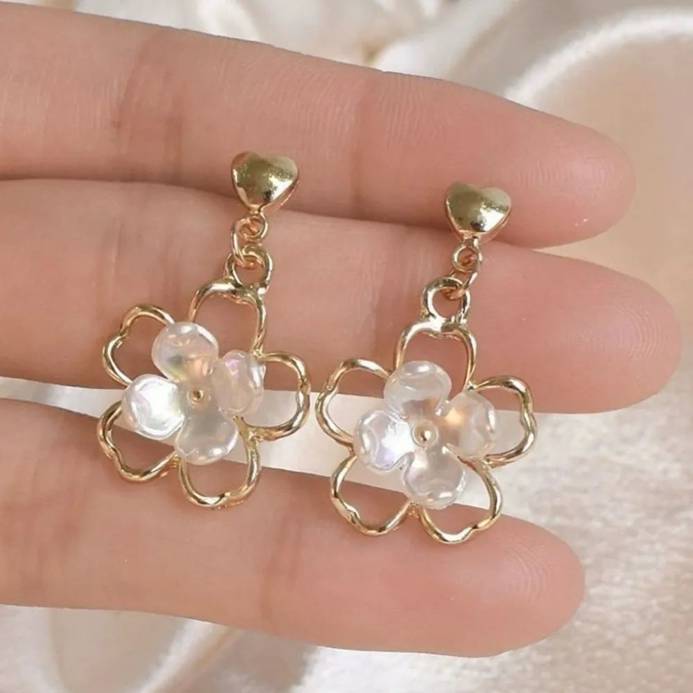Delicate Gold Floral Earrings with Iridescent Petals Dainty Heart Top 925 Silver - Image 2