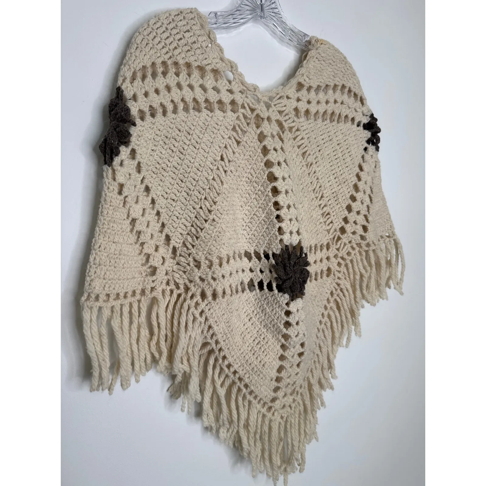 Vintage 1970s Handmade Crochet Poncho with Mushroom Tassel Ties & Fringe S - Image 13