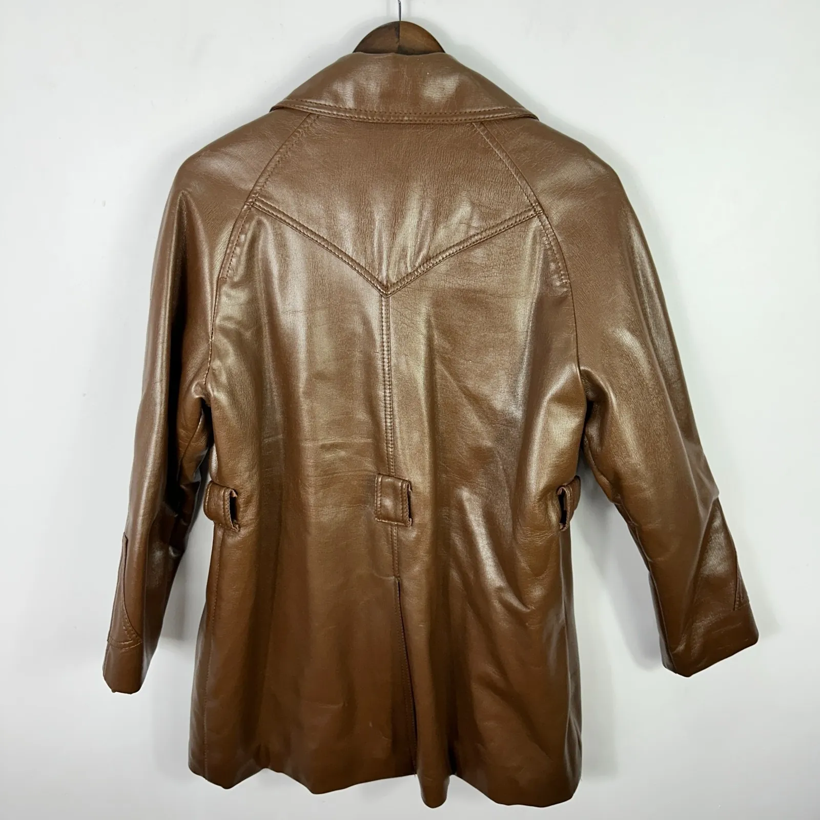 Vintage Novina Mr. Murray Brown Faux Leather Coat 70s Mod Retro Shearling Lined Size 16 - Image 2