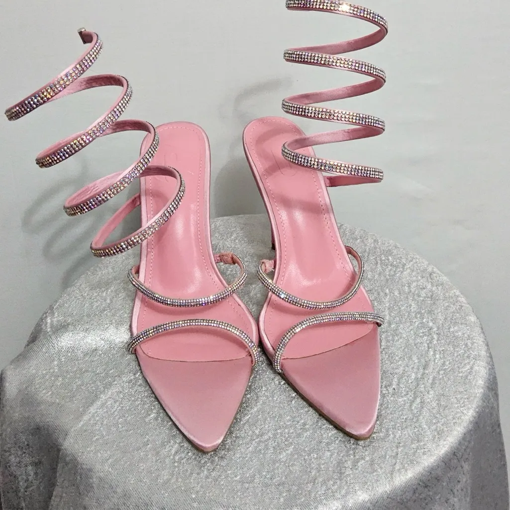 ✨ Pink Rhinestone Spiral Heels | Satin Pointed Toe Stilettos (Size 8) (B14) - Image 4