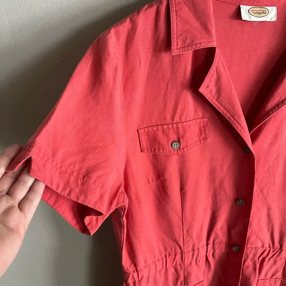 Talbots Linen Blend Shirt-Dress With Pockets Short Sleeve Red Rustic M-L - Image 5