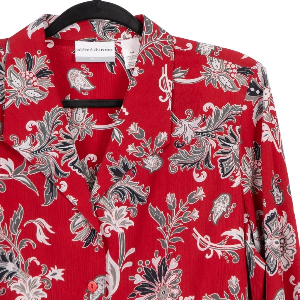 Alfred Dunner Button Up Shirt 16P Petite Womens Red Floral Long Sleeve VNeck - Image 2