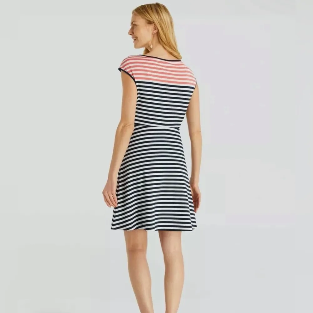 Draper James Ponte A Line Stripe Dress Size Small Nassau Navy Coral Preppy EUC - Image 2
