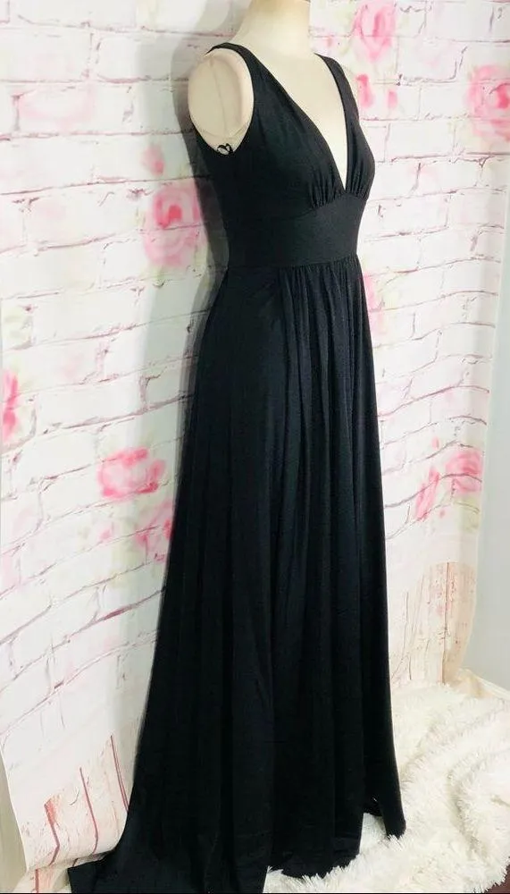 LA FEMME Plunge Neck A-line black high front slit Gown - Image 6