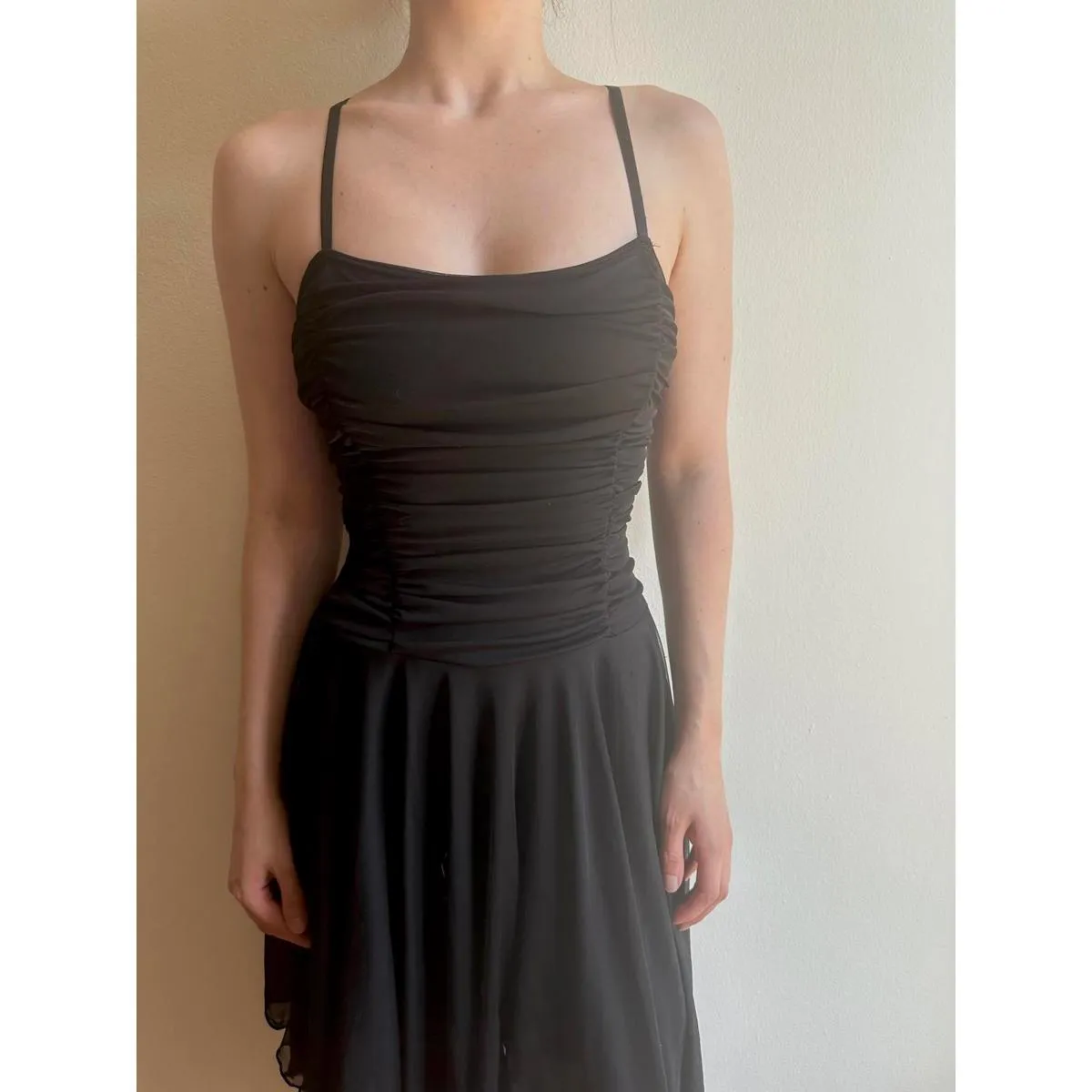 Black Square Neck Ruched Handkerchief Hem Mesh Dress - Image 8