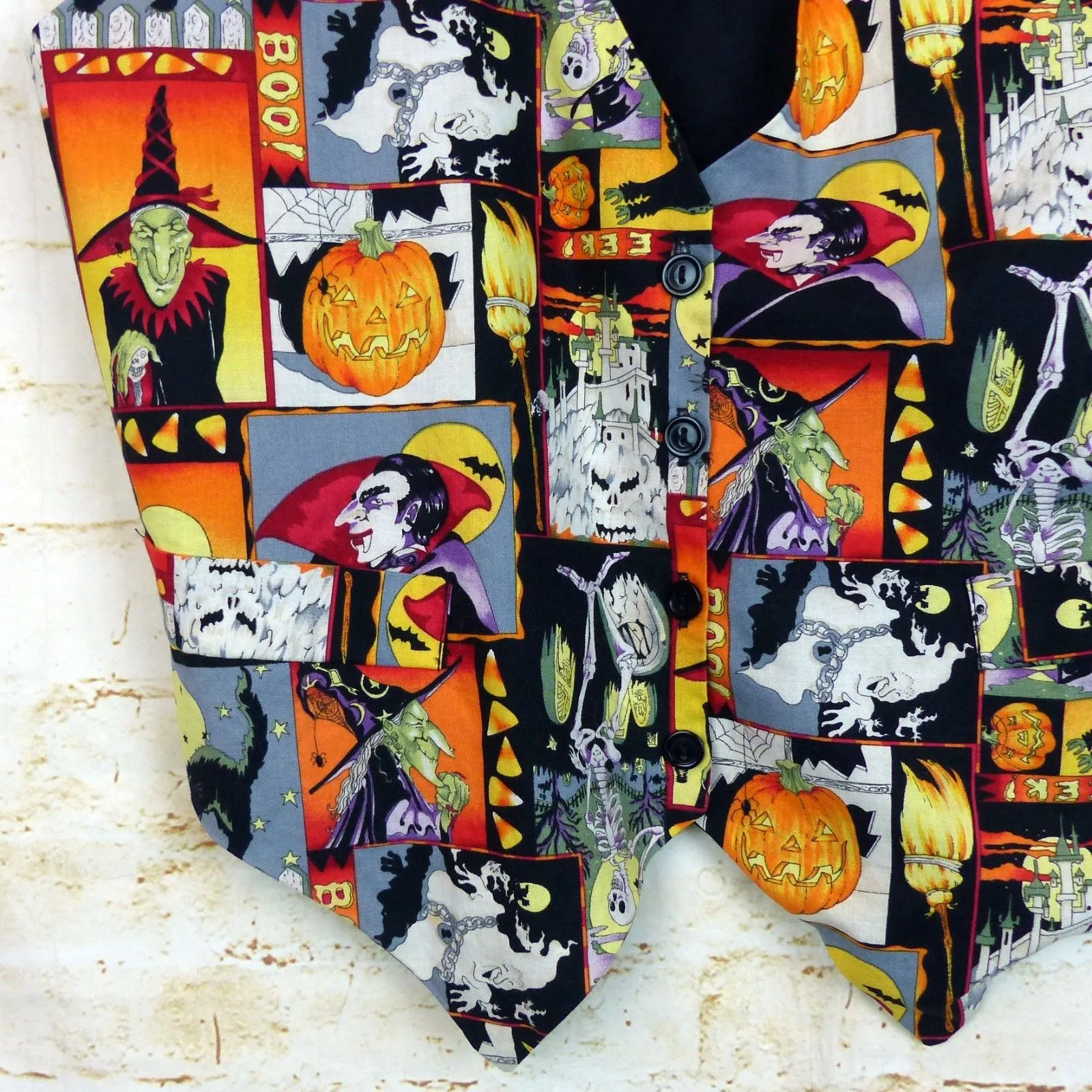 VTG 90s Smoke Valley Halloween Theme Vest Women L/XL Dracula Witch Skeleton Owl - Image 4