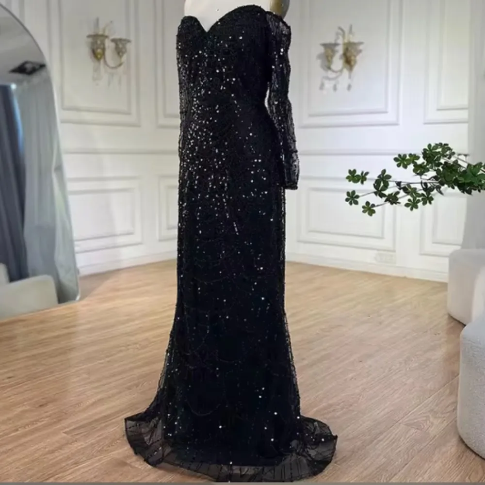 Heavily beaded black gown evening dress NWOT size 14 long sleeve formal mermaid - Image 6