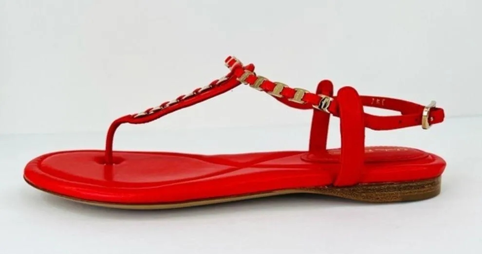 Salvatore Ferragamo Tahiti Embellished Coral Leather Thong Logo Flat Sandals 7.5 - Image 8