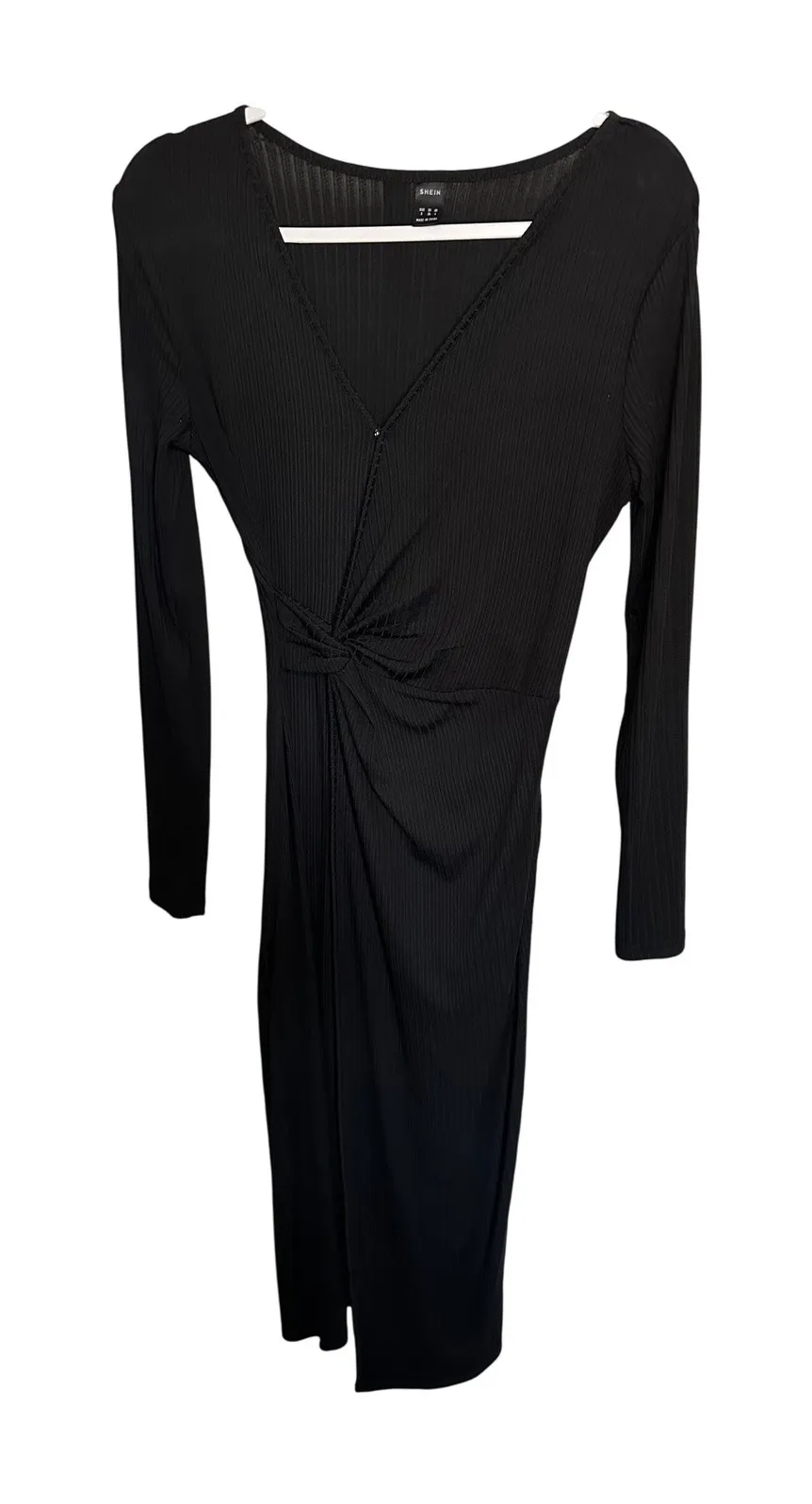 Shein Black Ribbed‎ Long Sleeve Knot Front Midi Dress Bodycon - Image 1