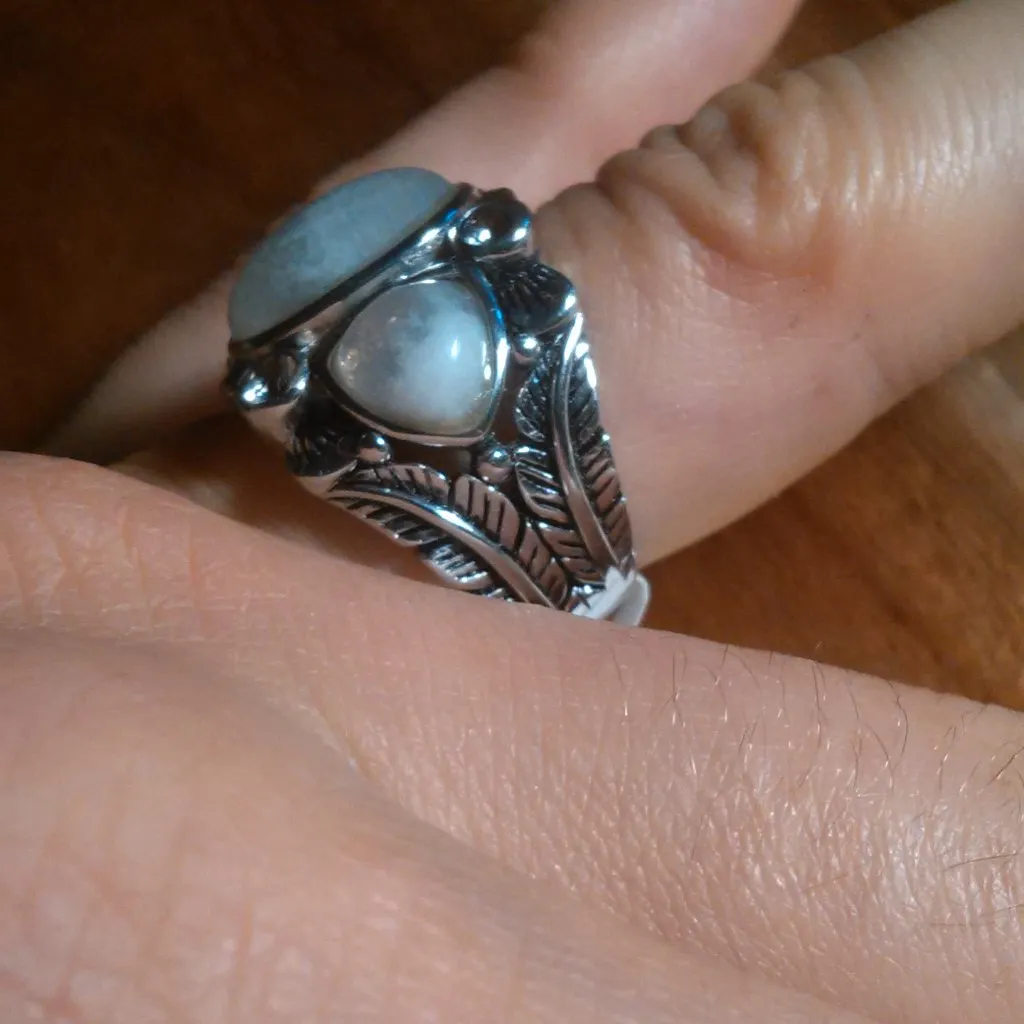 White Rainbow Moonstone Three Stone Sterling Silver Ring (Size 7) - Image 8