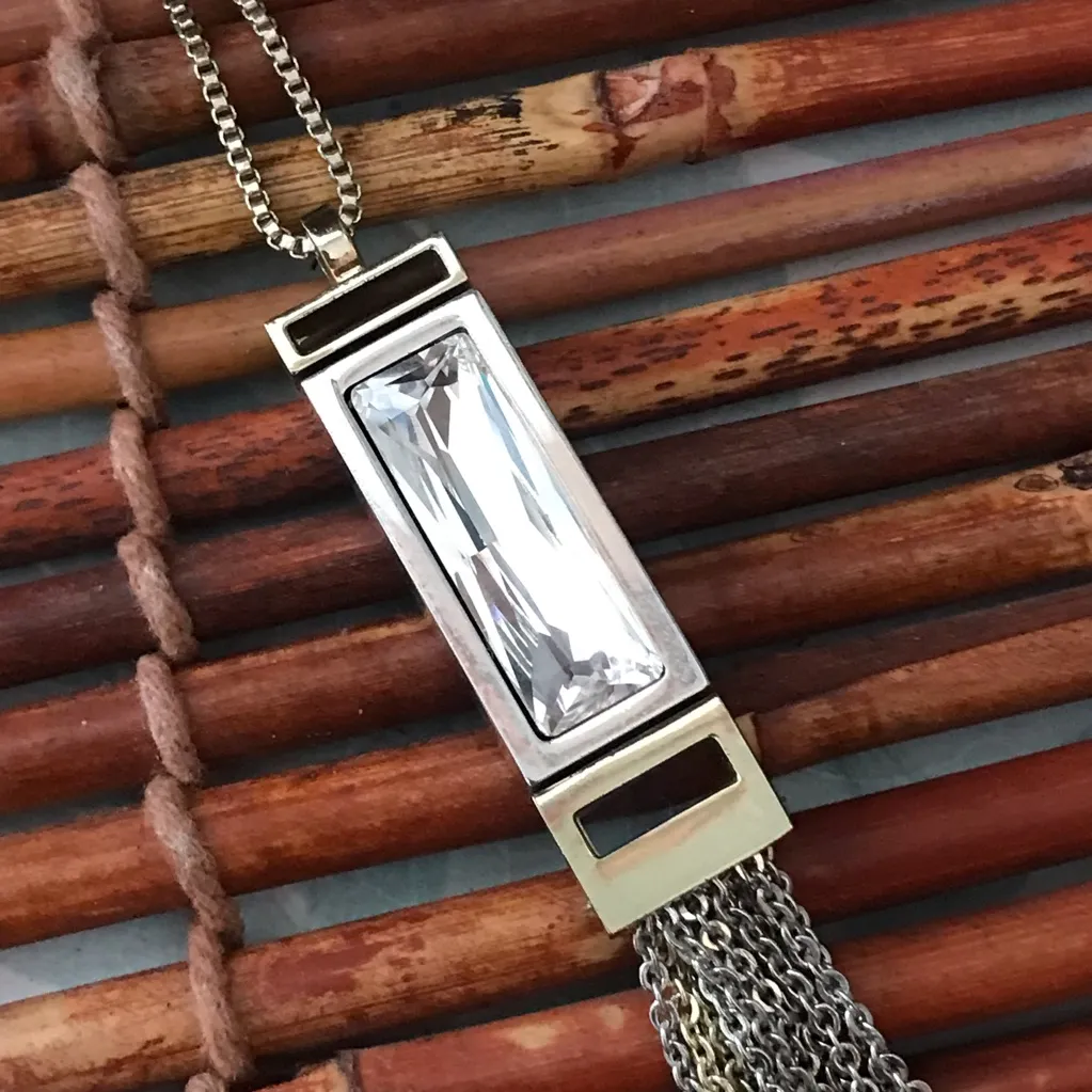 White House Black Market SIlver & Gold Tone Crytal Tassel Necklace - Image 7