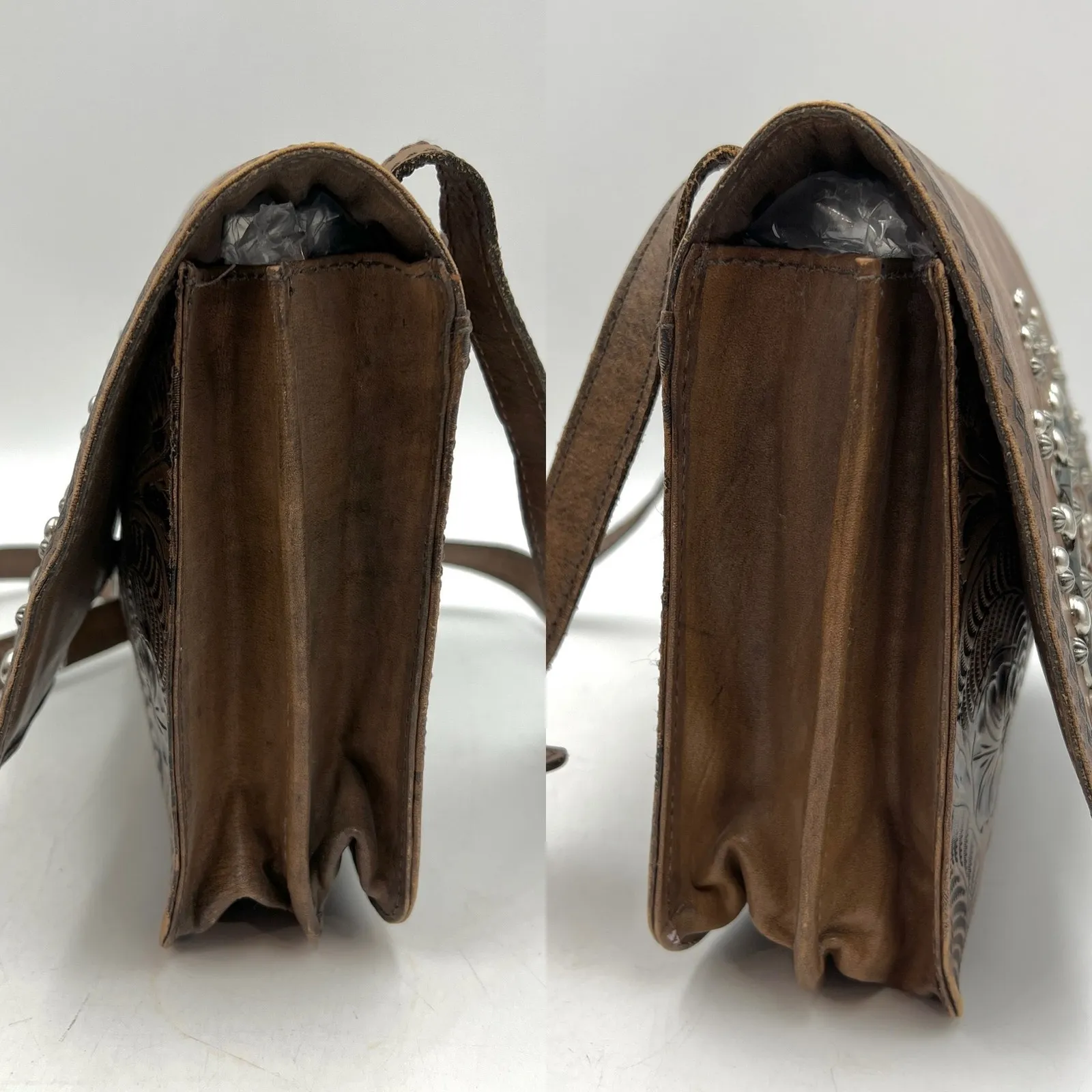 American West Tooled Crossbody Bag Brown Leather Rivet Detail - Image 8