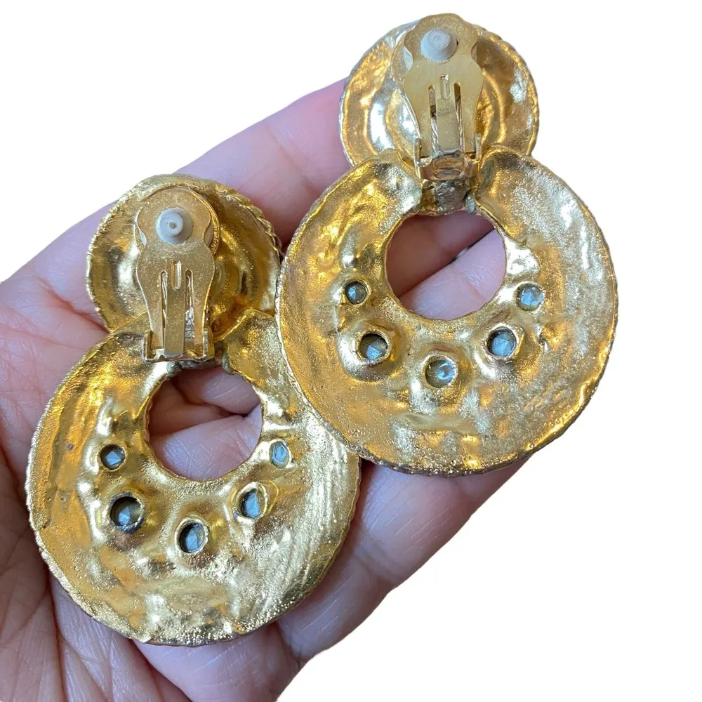 Vtg Runway 80 Deco Signed MODE Gold Purple Crystal Rhinestone Earrings Old Money - Image 8