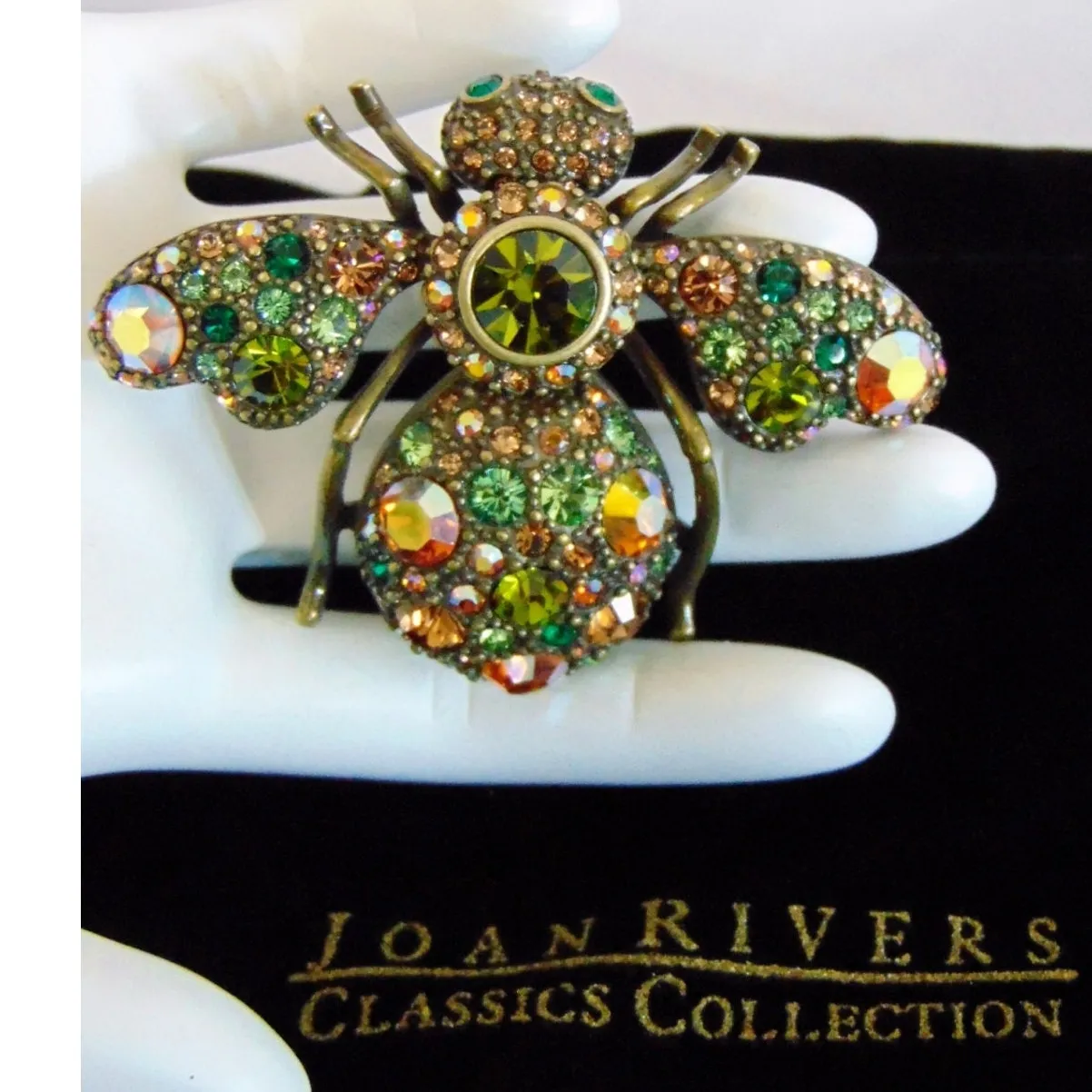 Joan Rivers Prismatic Bee Pin Brooch Crystal 1.8" Peridot Aurora Borealis Bronze - Image 2